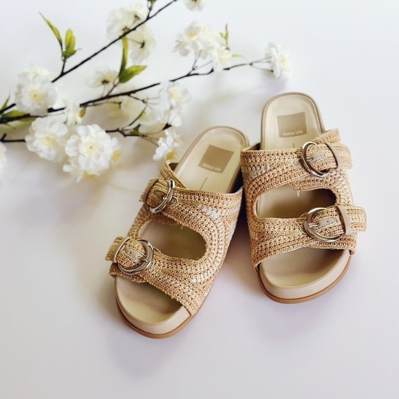Dolce Vita Ralli Natural Multi Crochet Knit Buckle Slide Sandals - Picture 2 of 10